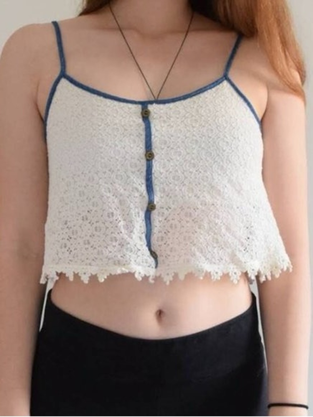 Paper Crane Lace Cropped Cami Tank with Blue Trim